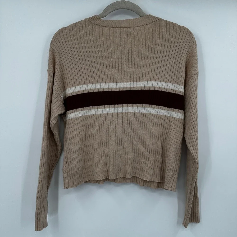 American Eagle Outfitters Ribbed Henley Crop Sweater‎ Beige Burgundy Stripes S